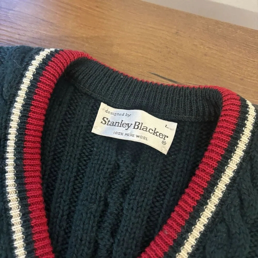 Vintage Stanley Blacker Wool Cricket Vest Sweater Dark Green Large 100% Wool